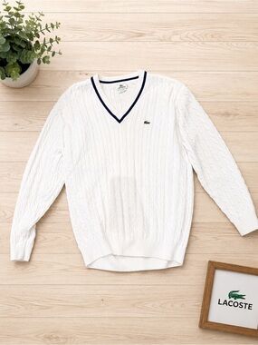 Lacoste White Cable Knit V-Neck Sweater with Navy Trim
